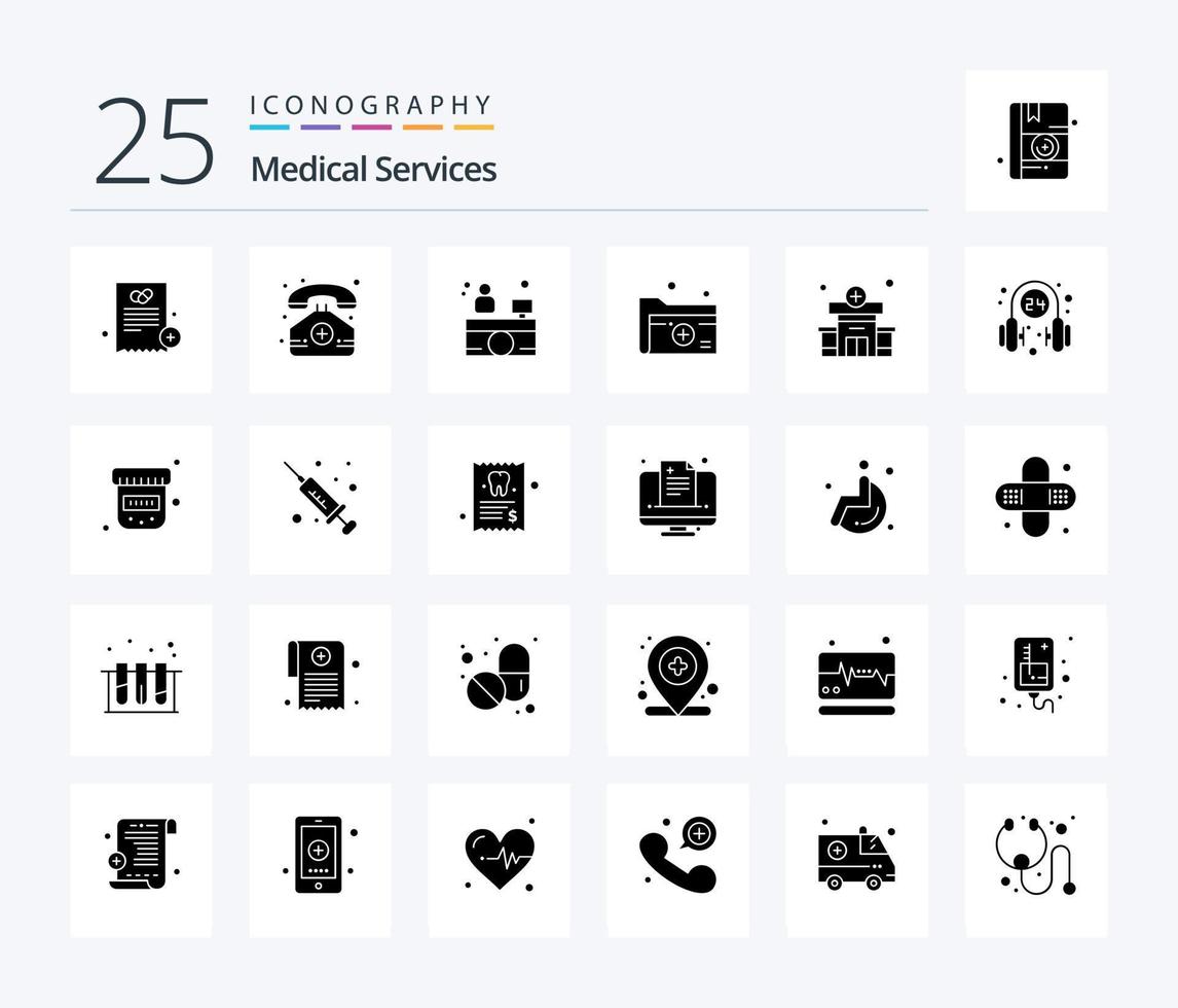 medisch Diensten 25 solide glyph icoon pak inclusief ziekenhuis. medisch map. ziekenhuis ontvangst. medisch. map vector