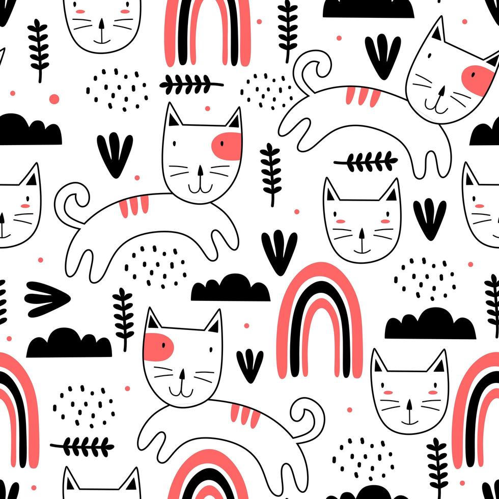 naadloze patroon met schattige kleurrijke kittens Scandinavische tekening. creatieve kinderachtige handgetekende unieke stijl. goed voor baby- en kindermode textielprint. vector illustratie element stof klaar.