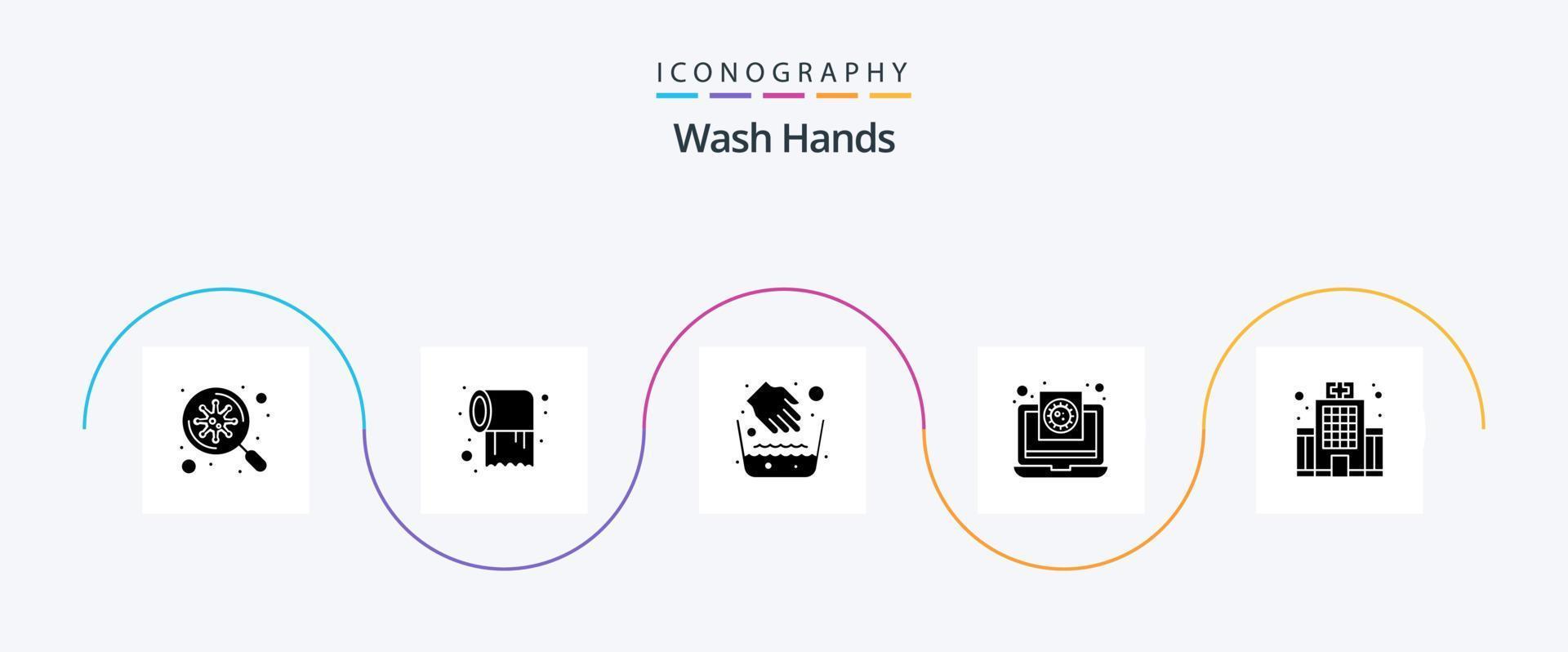 wassen handen glyph 5 icoon pak inclusief gebouw. rapport. handen. medisch. coronavirus vector