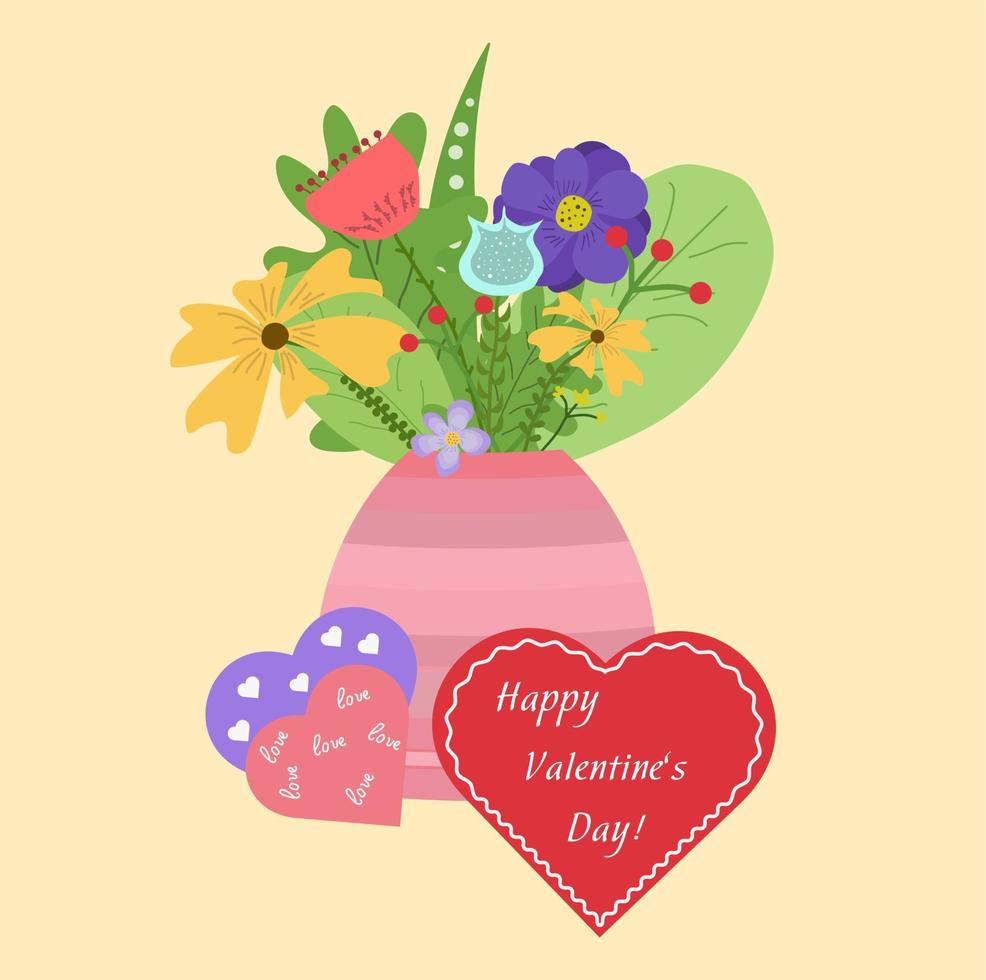 gelukkig Valentijnsdag dag ansichtkaart. vaas met bloemen. vector ontwerp. felicitatie. dag van liefde.