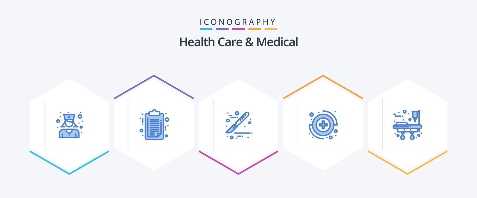 Gezondheid zorg en medisch 25 blauw icoon pak inclusief . bed. scalpel. brancard. teken vector