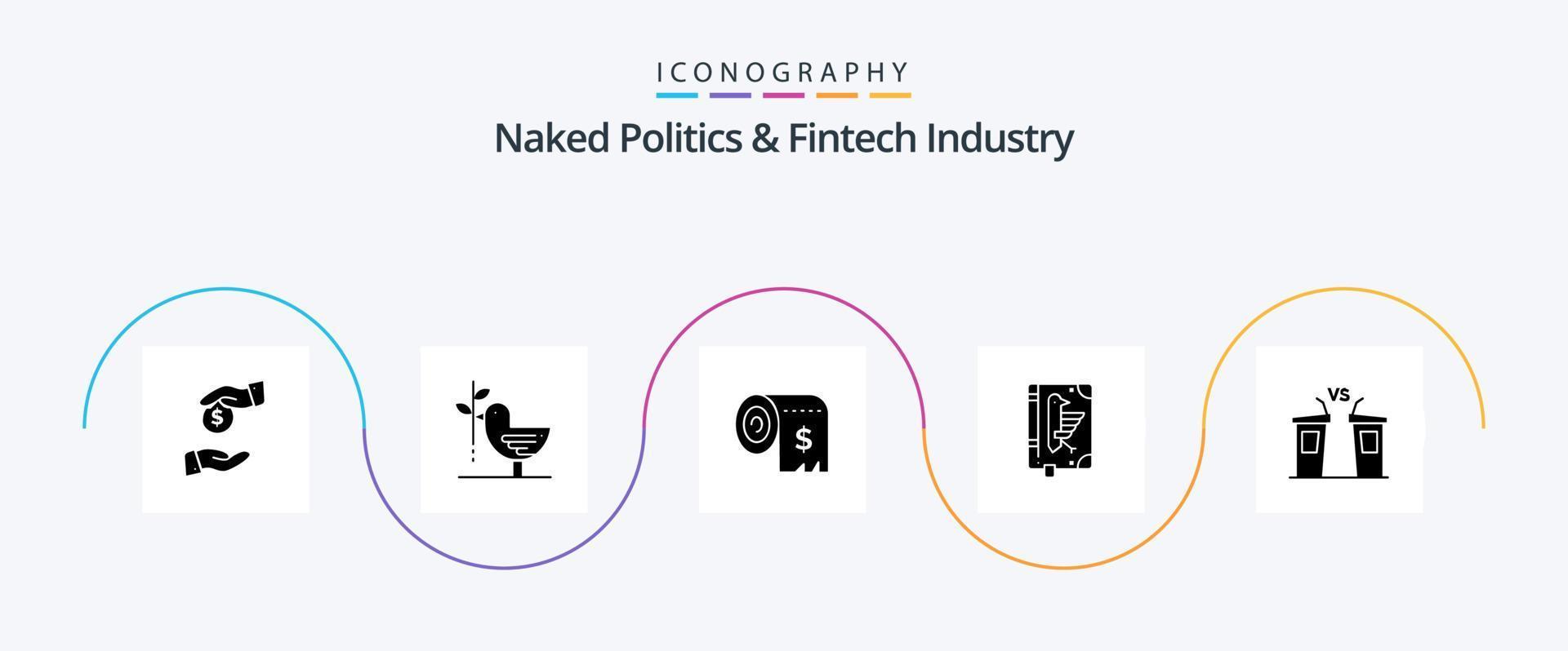 naakt politiek en FinTech industrie glyph 5 icoon pak inclusief verklaring. codex. pacifisme. boek. onkosten vector