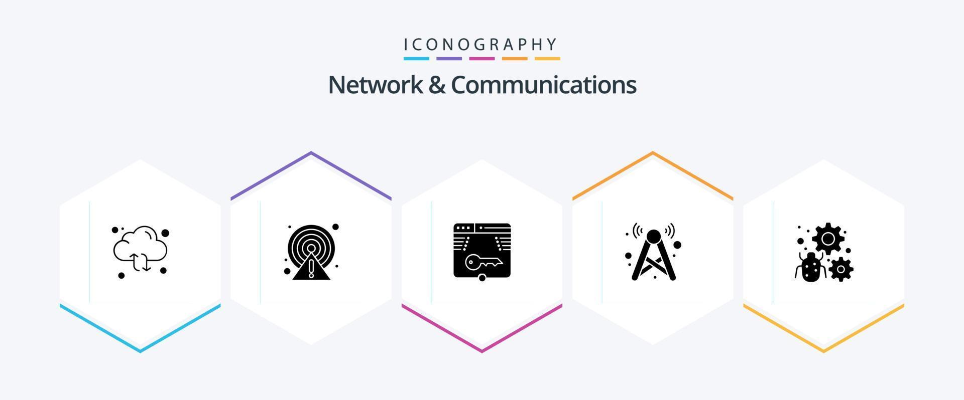 netwerk en communicatie 25 glyph icoon pak inclusief netwerk. signaal. punt. toren. het formulier vector