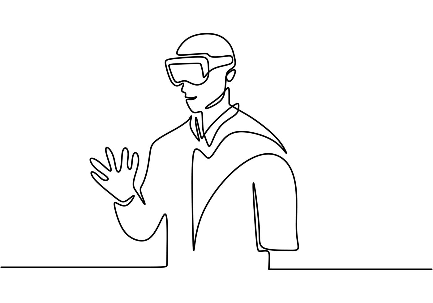 een regel continu tekening man in glazen apparaat virtual reality, vector illustratie eenvoud. minimalisme handgetekende elektronische toekomstige technologie.