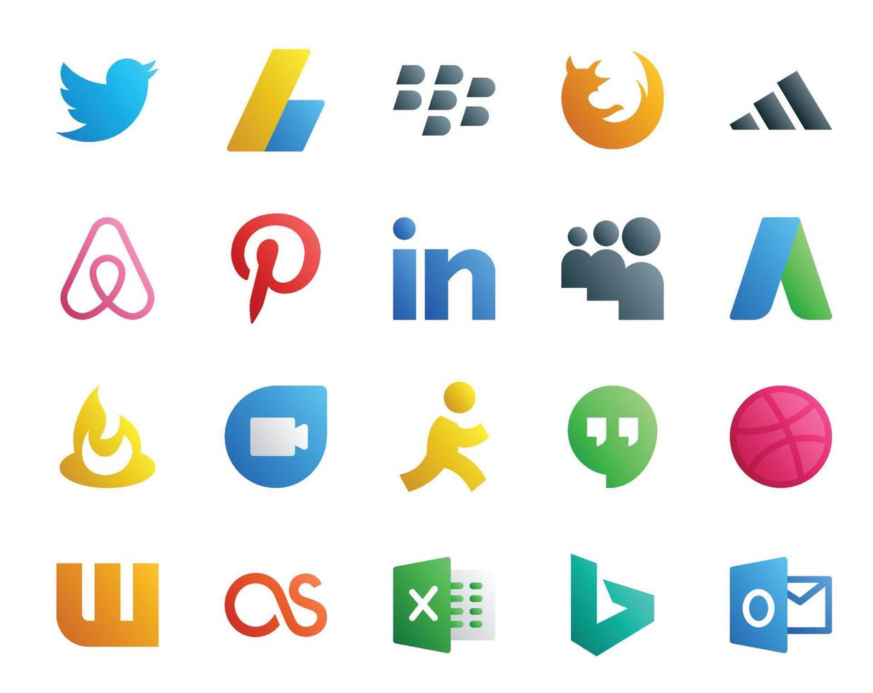 20 sociaal media icoon pak inclusief dribbelen doel lucht bnb google duo adwords vector