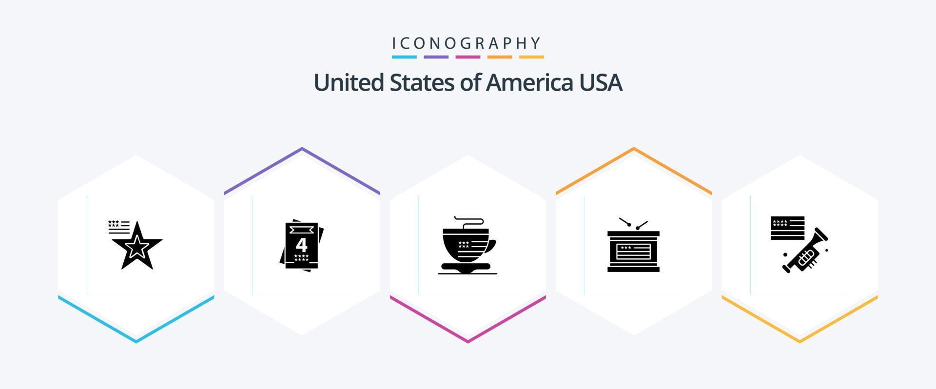 Verenigde Staten van Amerika 25 glyph icoon pak inclusief Amerikaans. spreker. beker. vlag. onafhankelijkheid vector