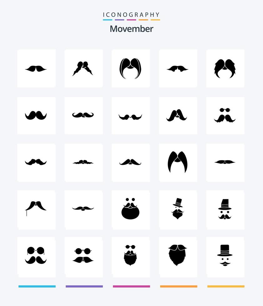 creatief movember 25 glyph solide zwart icoon pak zo net zo verhuizer. snor. de kerstman. hoed. movember vector