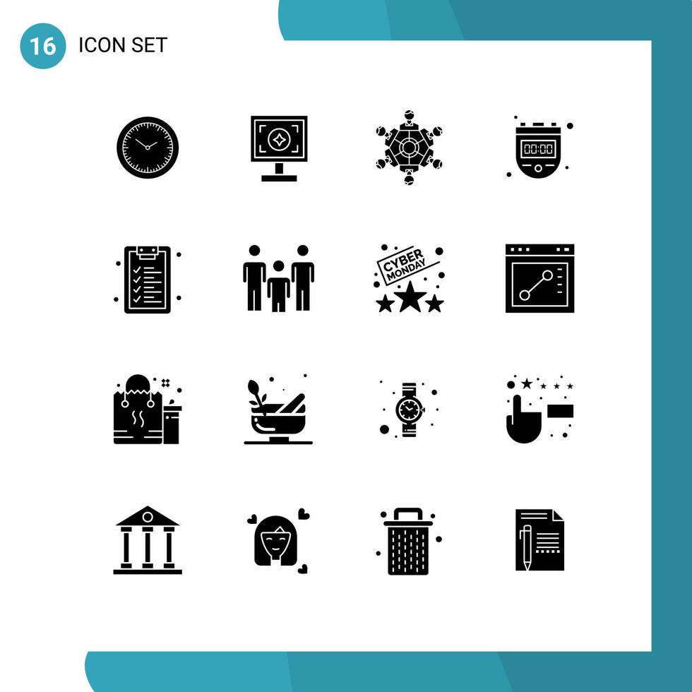 16 thematisch vector solide glyphs en bewerkbare symbolen van checklist timer samenwerking hou op spelen bewerkbare vector ontwerp elementen