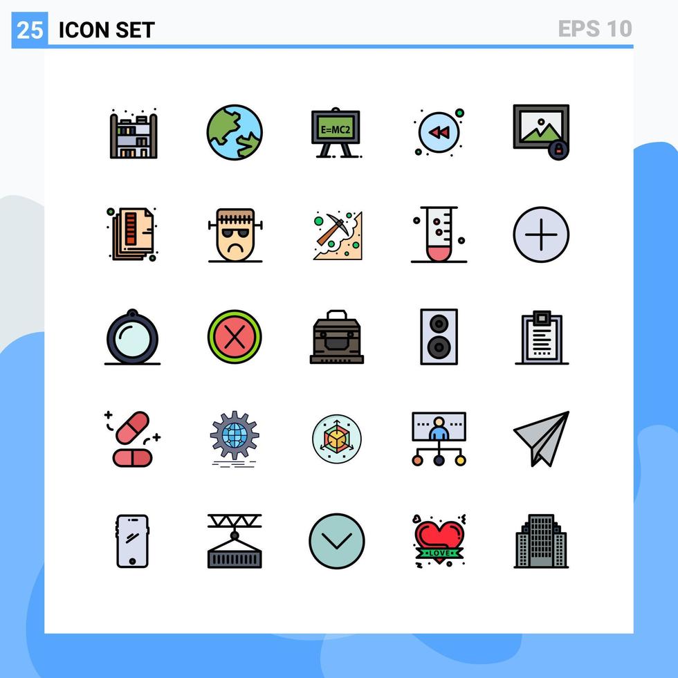 pictogram reeks van 25 gemakkelijk gevulde lijn vlak kleuren van bladzijde foto wetenschap slot terugspoelen bewerkbare vector ontwerp elementen
