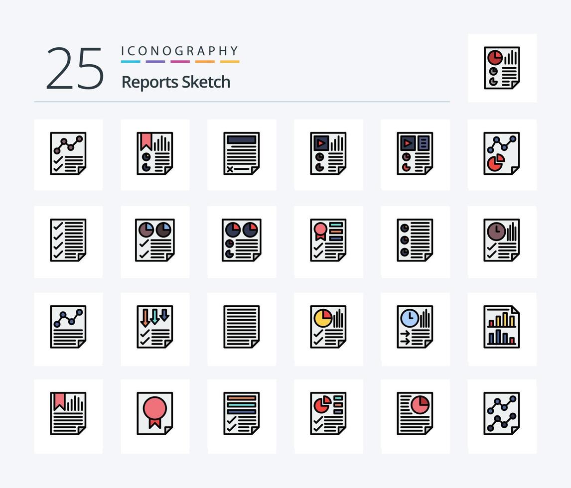 rapporten schetsen 25 lijn gevulde icoon pak inclusief bladzijde. gegevens. bladzijde. rapport. document vector