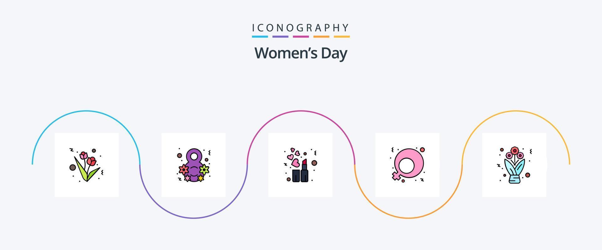 vrouwen dag lijn gevulde vlak 5 icoon pak inclusief Geschenk. lippenstift. bloemen. Dames teken vector