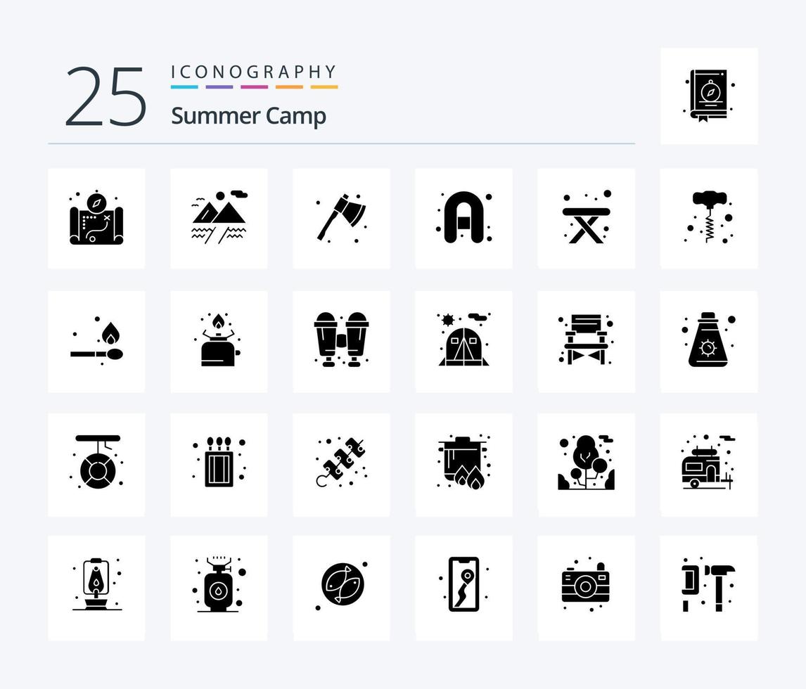 zomer kamp 25 solide glyph icoon pak inclusief hand- oefening. reizen. camping. tafel. reizen vector