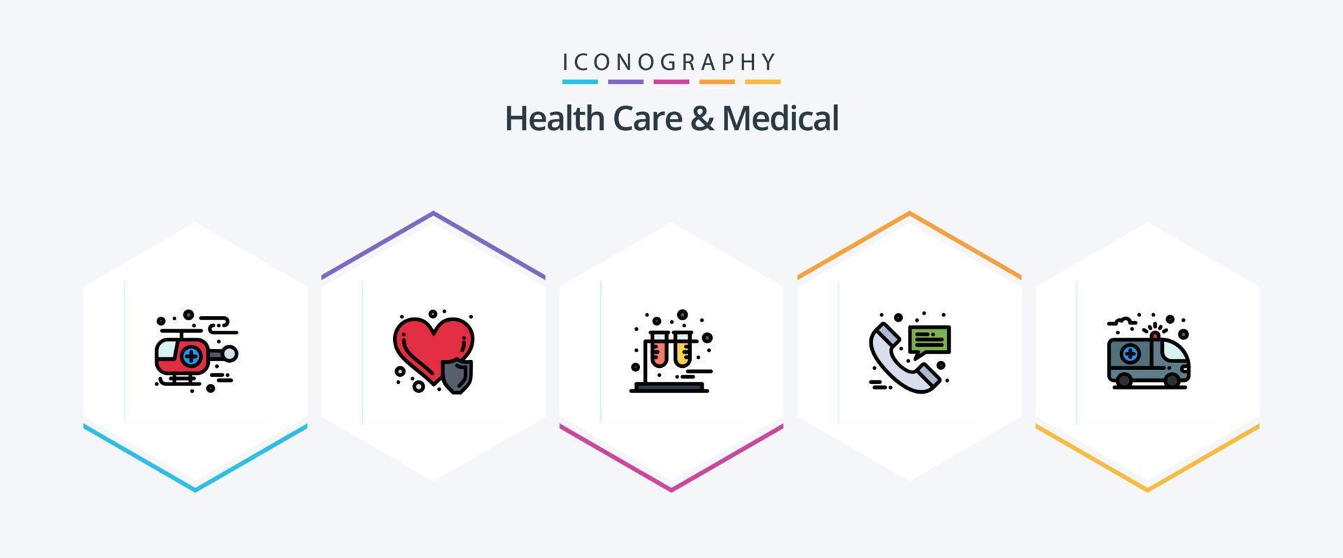 Gezondheid zorg en medisch 25 gevulde lijn icoon pak inclusief medisch. zorg. testen. ambulance. medisch vector