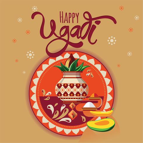 Gelukkige Ugadi-illustratie. Nieuwjaarsdag van de hindoe-kalender. Moderne vector hand getrokken kalligrafie voor uw poster, banner, briefkaart, uitnodiging of wenskaart ontwerp