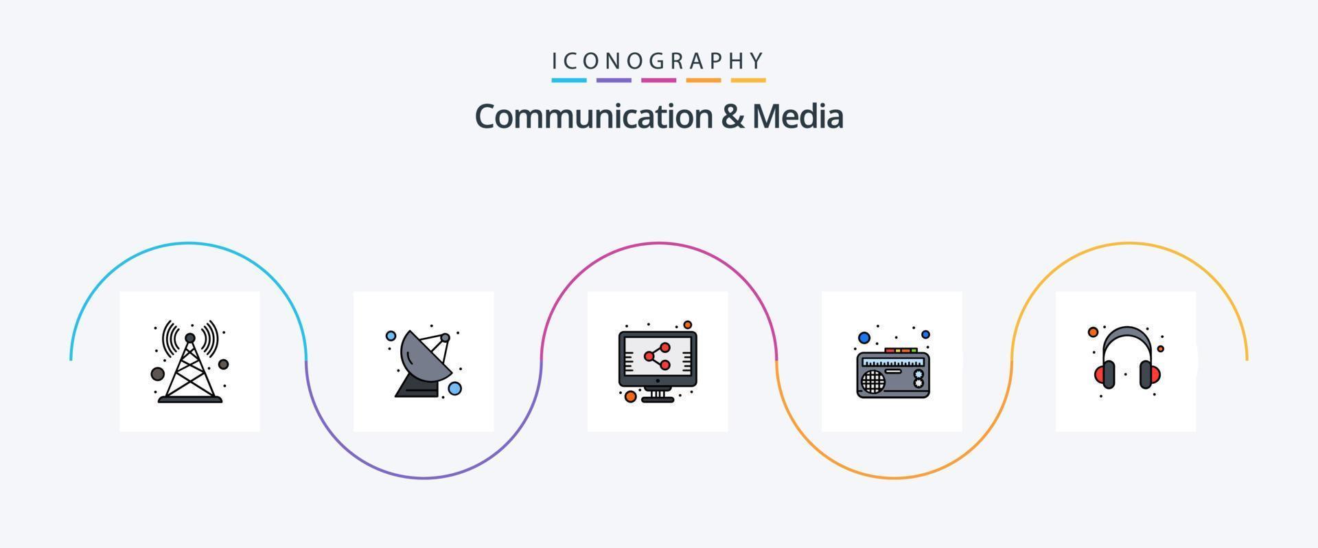 communicatie en media lijn gevulde vlak 5 icoon pak inclusief helpen. geluid. het dossier. muziek. radio vector