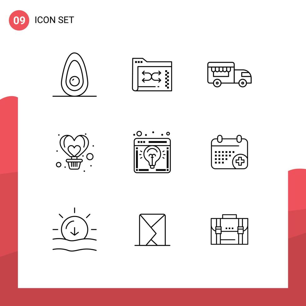 schets pak van 9 universeel symbolen van bedrijf idee vlucht ijs room hart ballon bewerkbare vector ontwerp elementen
