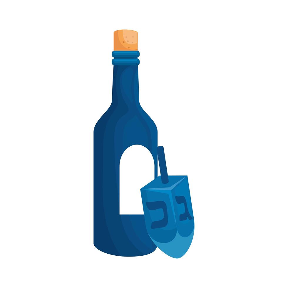 Dreidel spel met geïsoleerde fles wijn pictogram vector