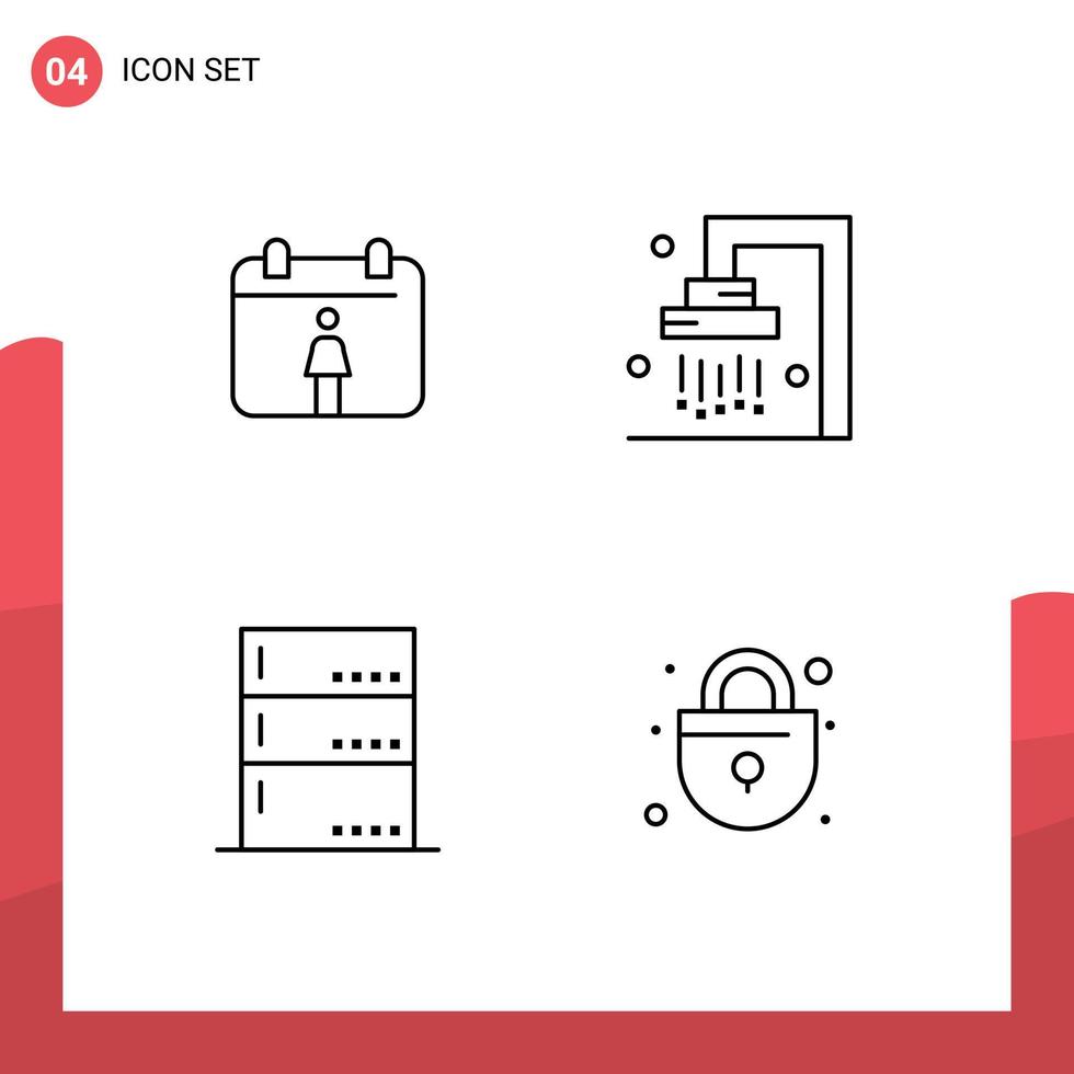 pictogram reeks van 4 gemakkelijk gevulde lijn vlak kleuren van kalender server badkamer beheerder veiligheid bewerkbare vector ontwerp elementen