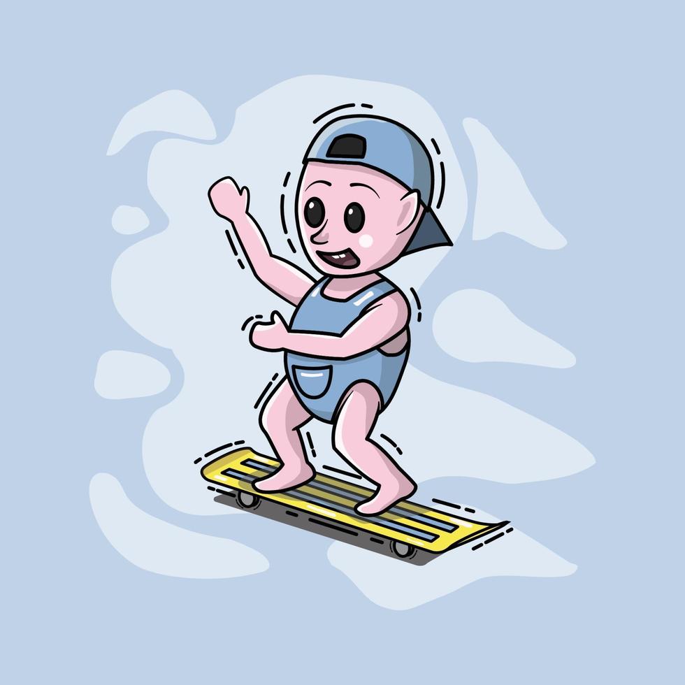 een schattige babyjongen speelt skateboarden vector