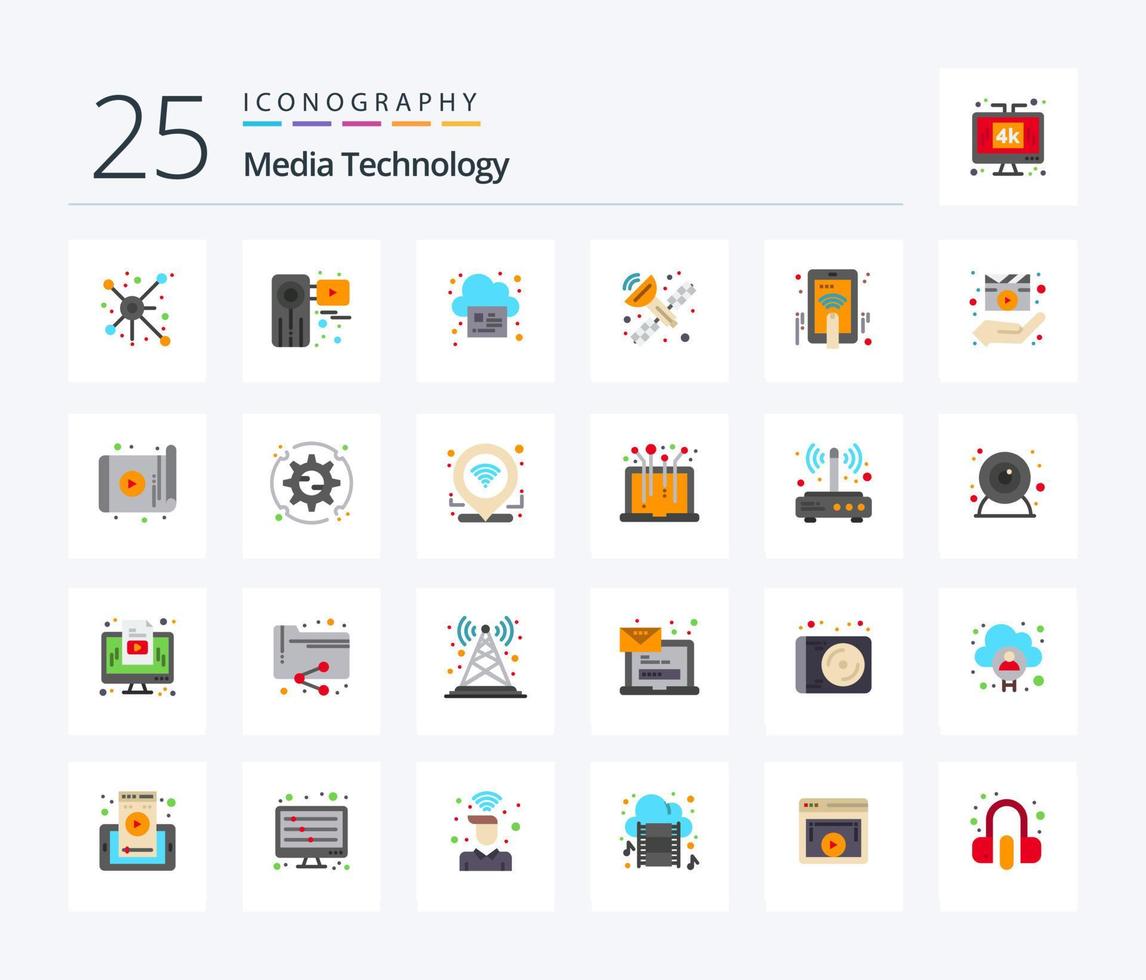 media technologie 25 vlak kleur icoon pak inclusief hand- aanraken. antenne radar. film. satelliet. wolk vector