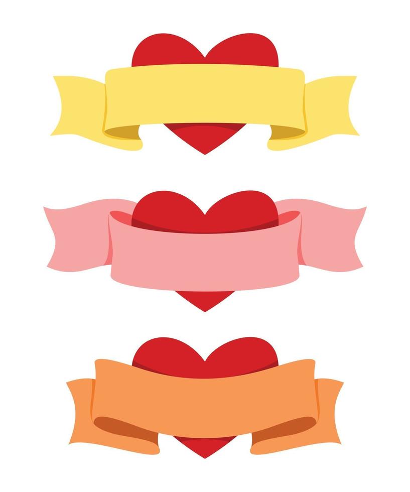 drie stijlen van lint met hart voor de valentijnskaartdecoratie. vector