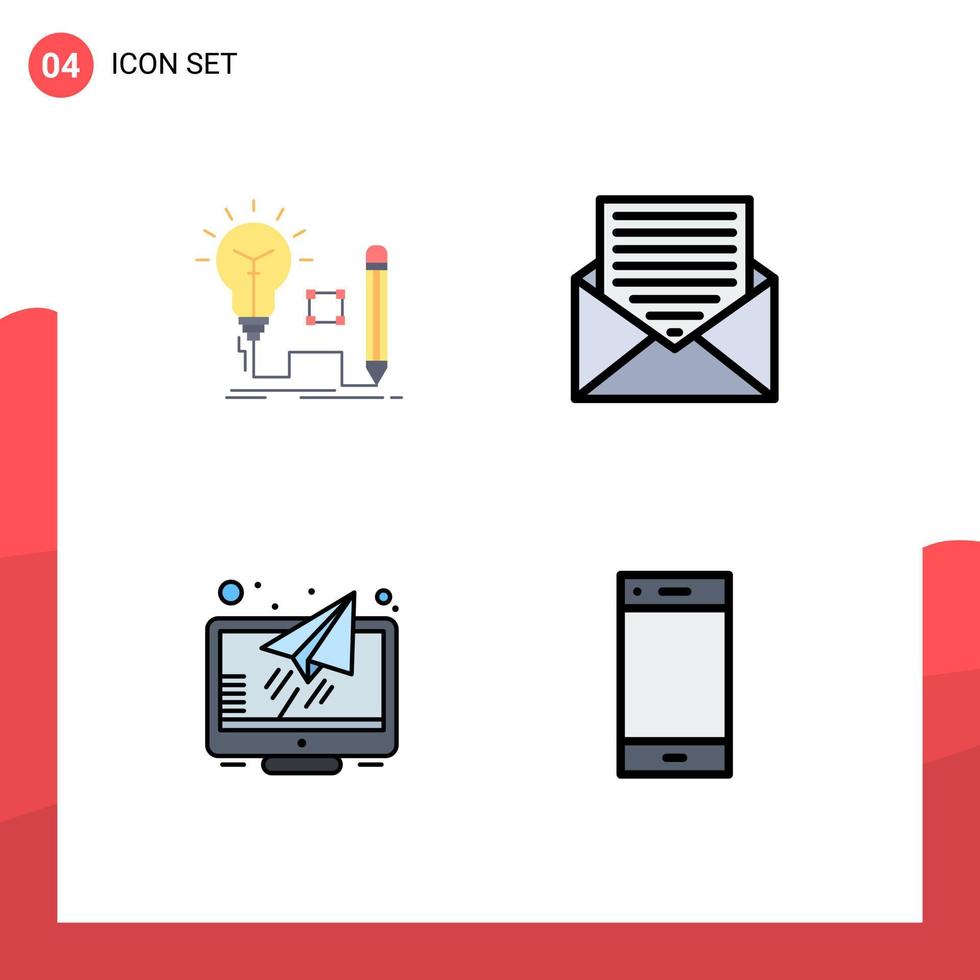 groep van 4 gevulde lijn vlak kleuren tekens en symbolen voor idee brief lamp contact toezicht houden op bewerkbare vector ontwerp elementen