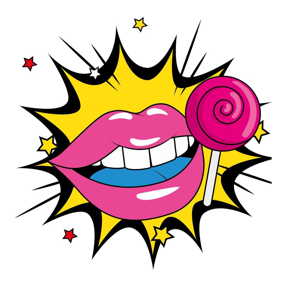 lolly rond retro met lippen in explosiepop-art vector