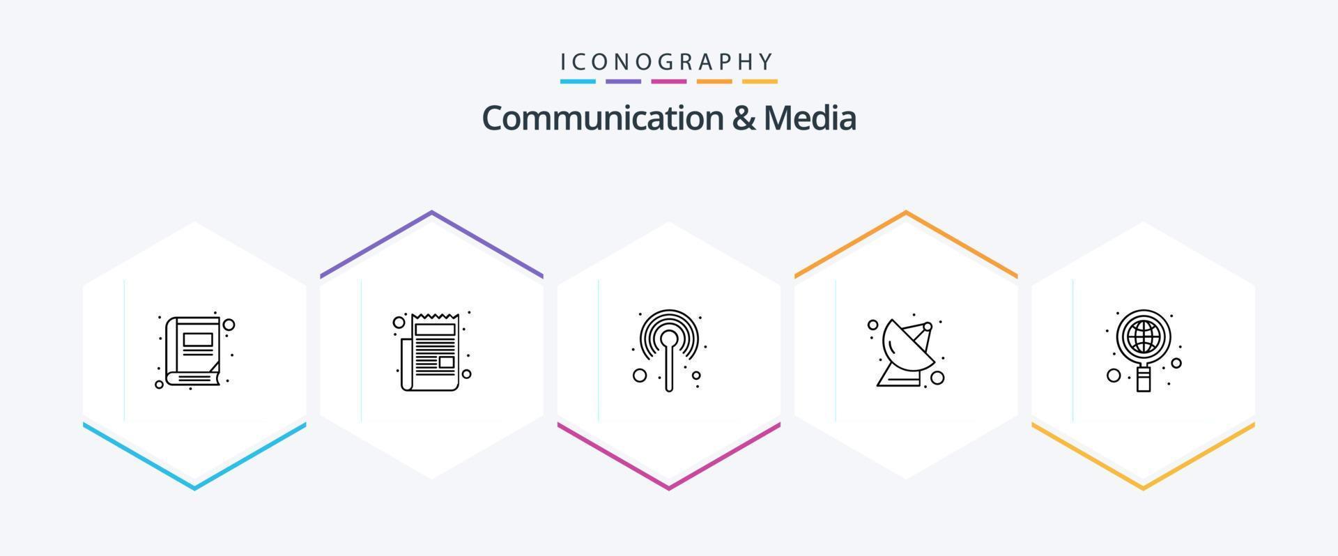 communicatie en media 25 lijn icoon pak inclusief bedrijf. wetenschap. antenne. satelliet gerecht. staan vector