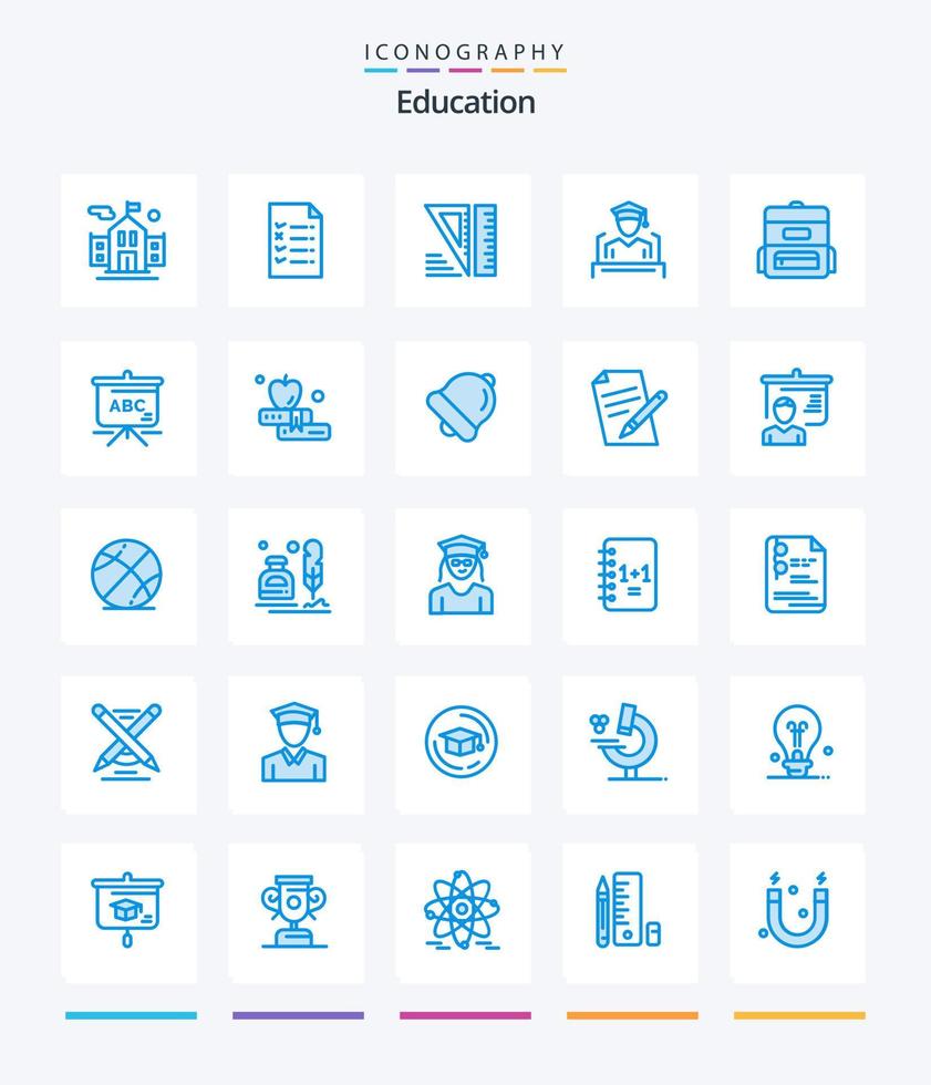 creatief onderwijs 25 blauw icoon pak zo net zo boek. schooltas. hulpmiddelen. onderwijs. toespraak vector