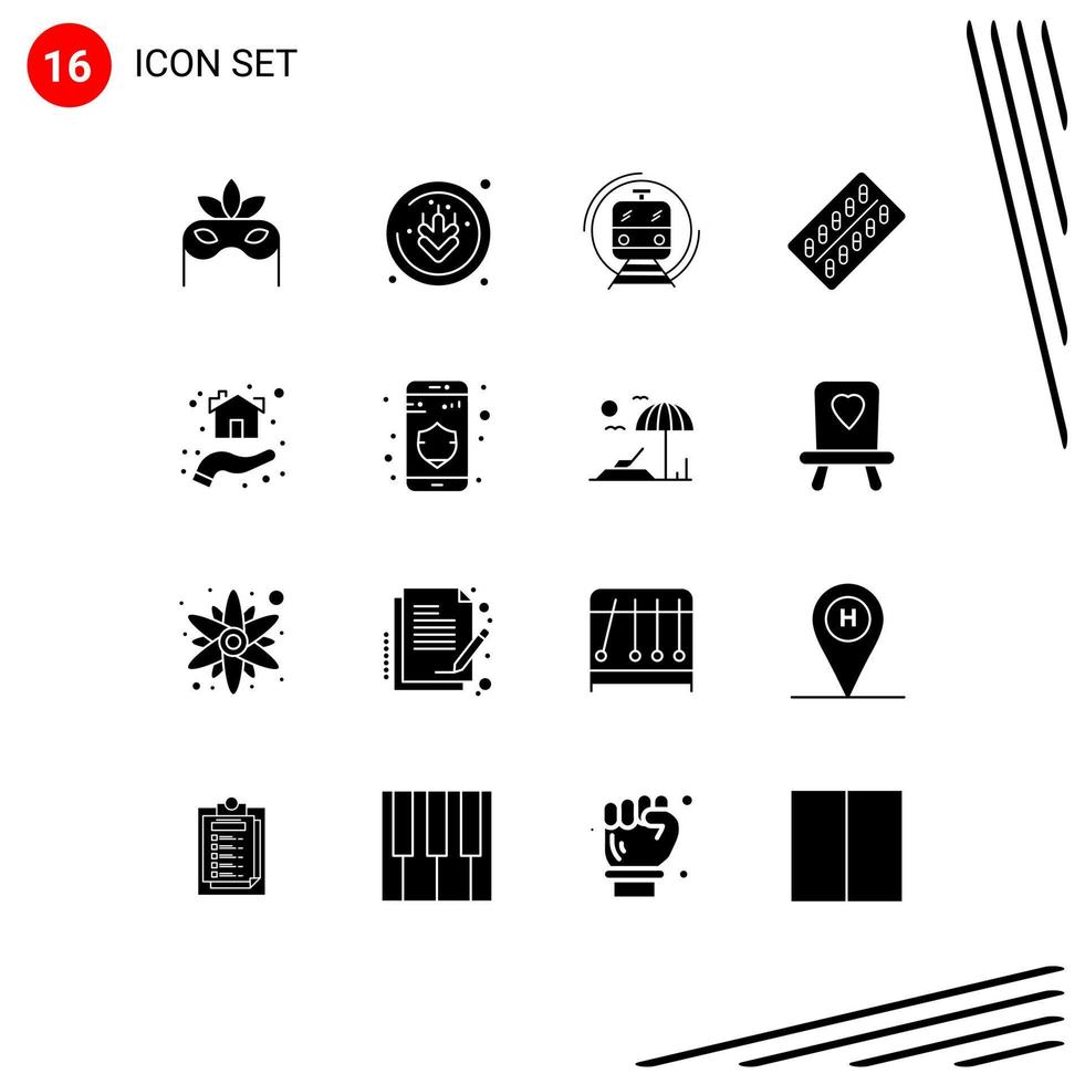 modern reeks van 16 solide glyphs pictogram van hand- pakket slim tablet pil bewerkbare vector ontwerp elementen