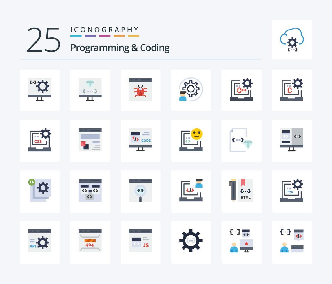 programmering en codering 25 vlak kleur icoon pak inclusief codering. c. ontwikkelen. programmeur. ontwikkeling vector