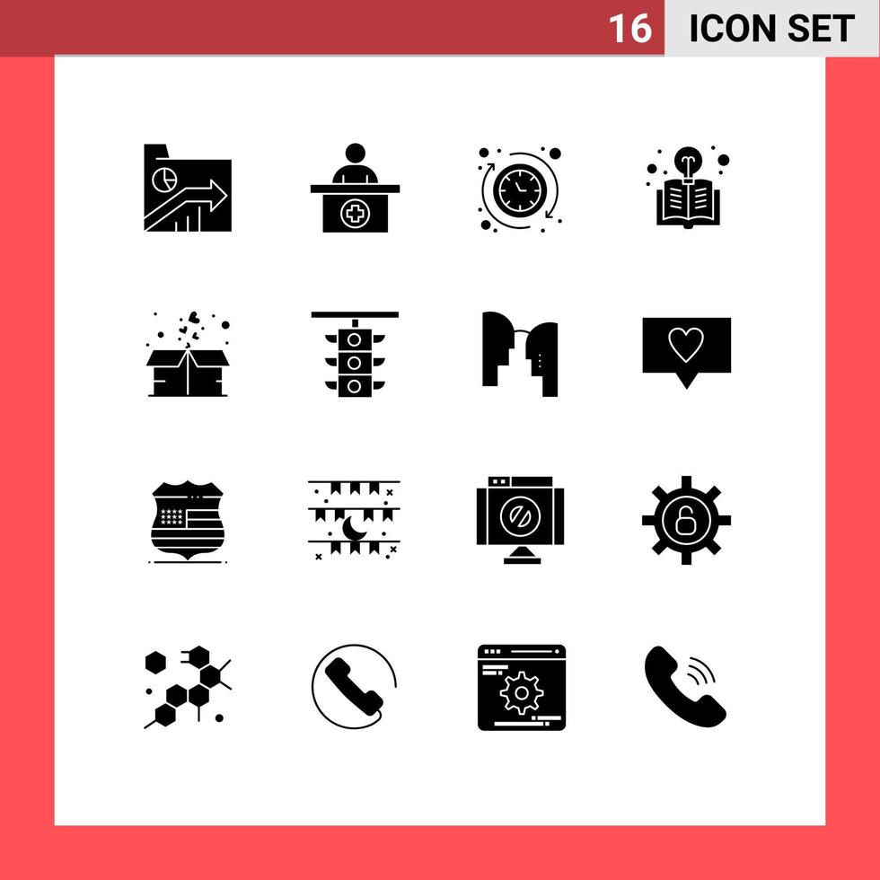 16 solide glyph concept voor websites mobiel en apps doos licht medisch afspraak onderwijs de bewerkbare vector ontwerp elementen