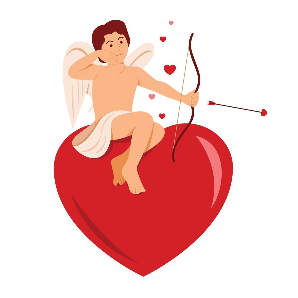 cupido zit op groot hart voor valentijndecoratie. vector