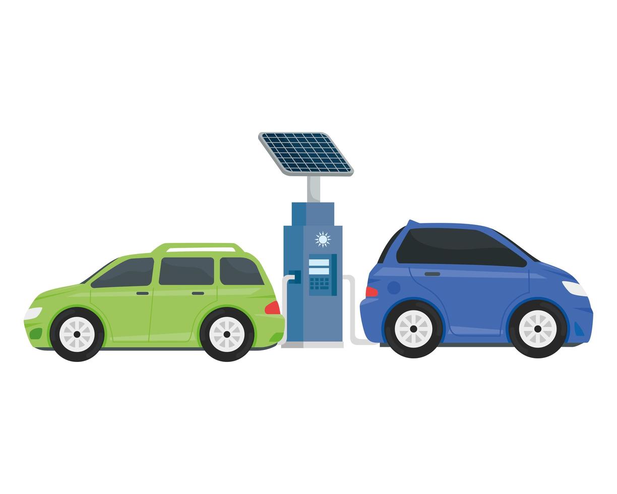 elektrische ecologie tankstation met paarse en groene auto's vector