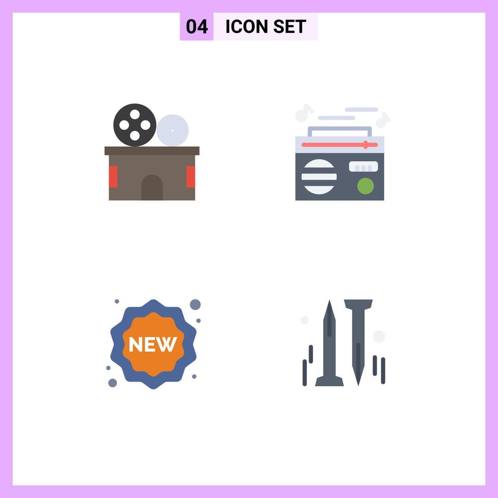 4 vlak icoon concept voor websites mobiel en apps bioscoop etiket ticket Speel boodschappen doen bewerkbare vector ontwerp elementen