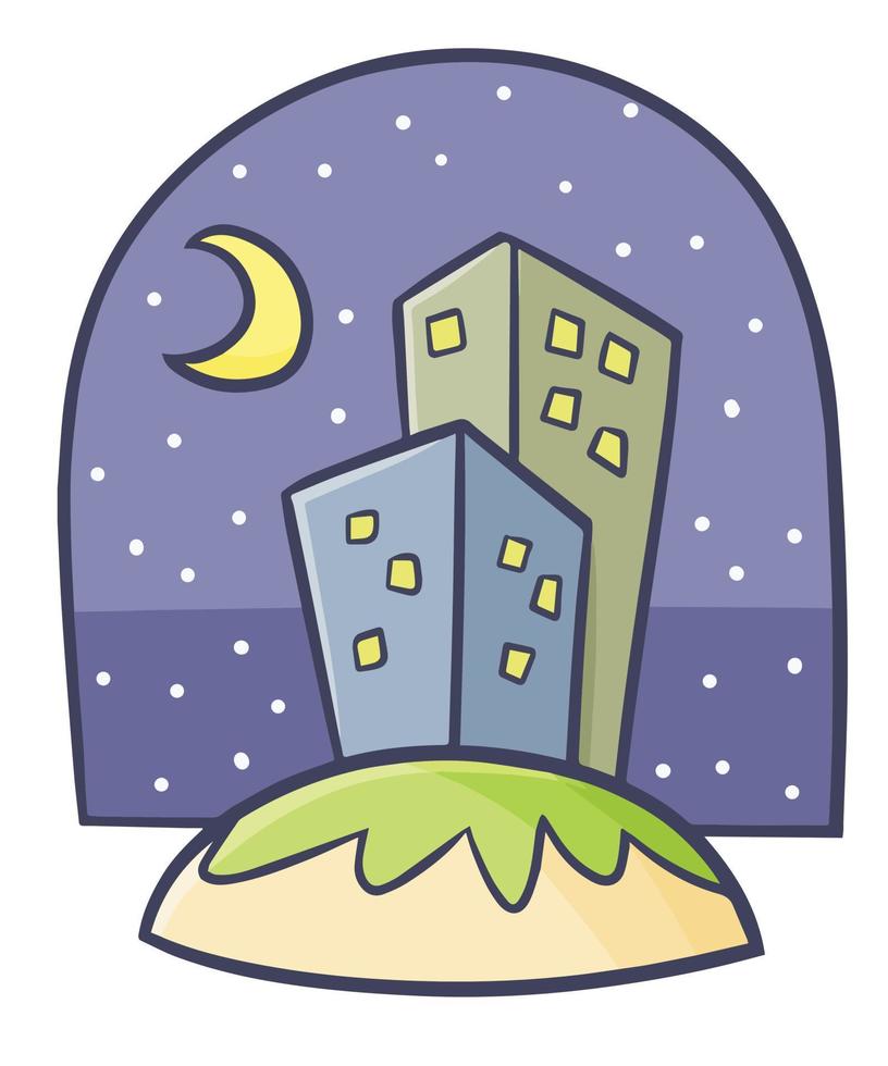 grappig en schattig twee gebouw Aan de heuvel Bij nacht vector