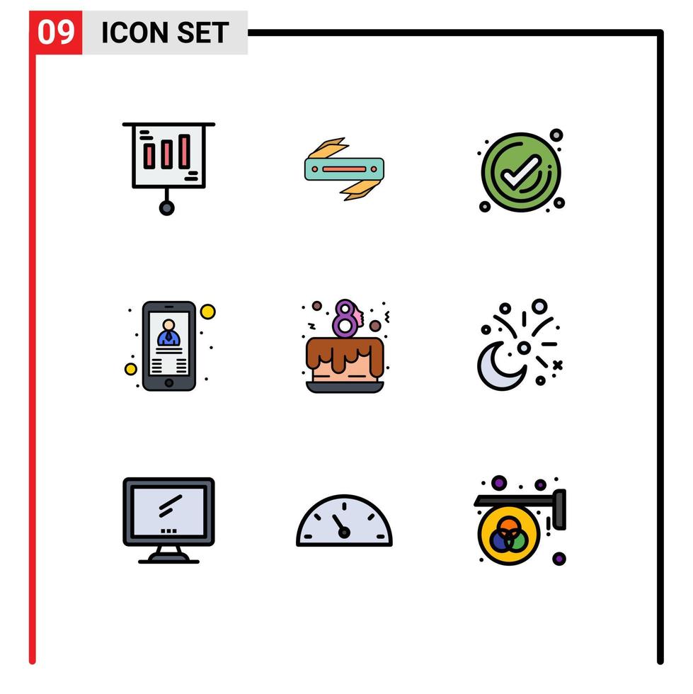 9 universeel gevulde lijn vlak kleur tekens symbolen van dag baas bedrijf gebruiker contact bewerkbare vector ontwerp elementen