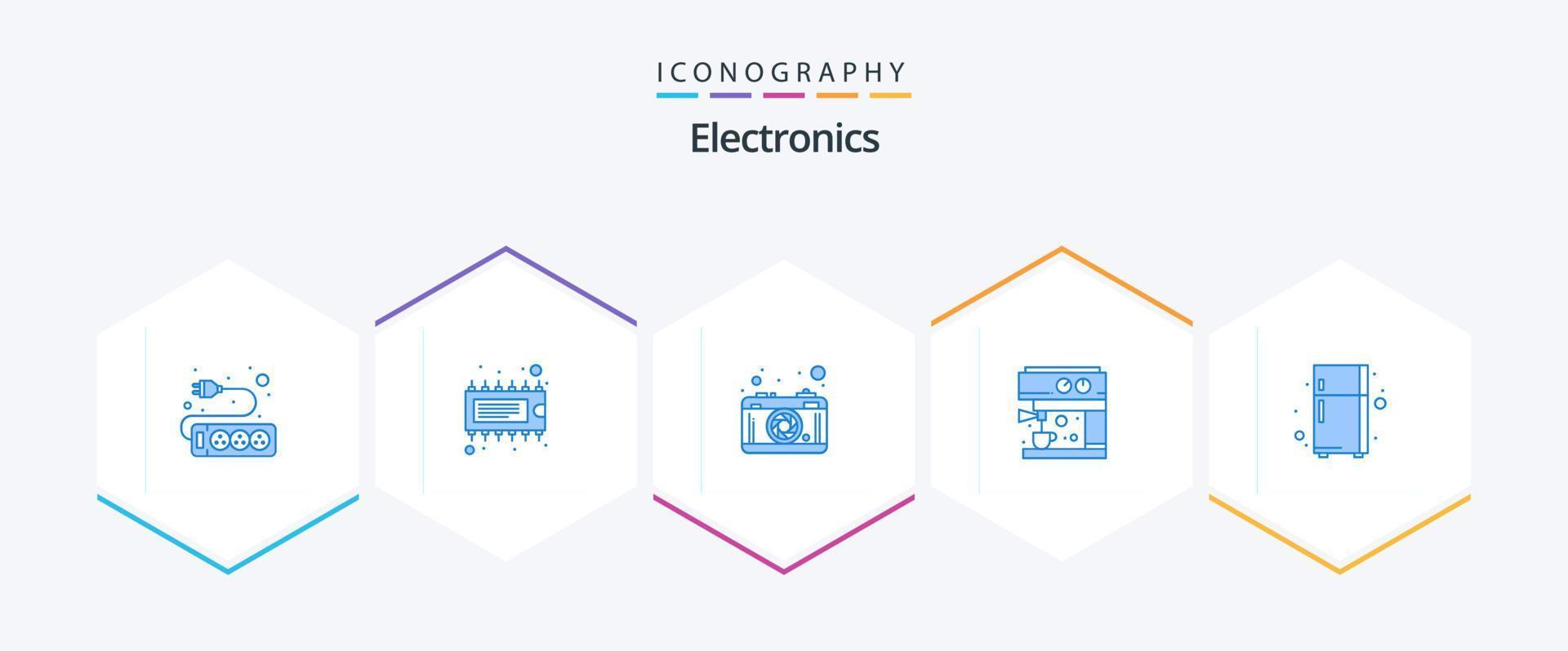 elektronica 25 blauw icoon pak inclusief . koelkast. fotografie. elektronisch apparaat. machine vector