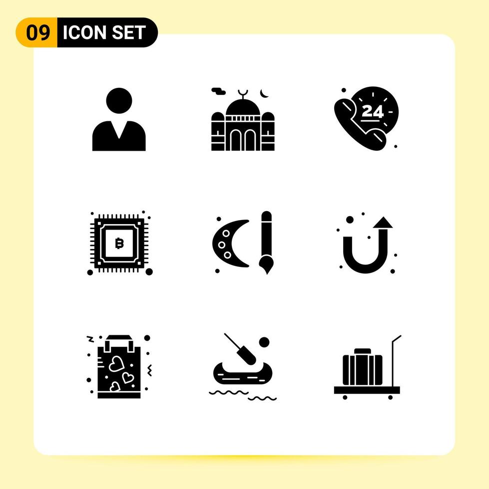 9 solide glyph concept voor websites mobiel en apps verf pallet macht uren mijnbouw bitcoin bewerkbare vector ontwerp elementen