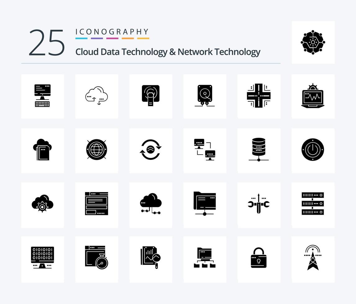 wolk gegevens technologie en netwerk technologie 25 solide glyph icoon pak inclusief databank. Speel. vinger . computergebruik. muziek- vector