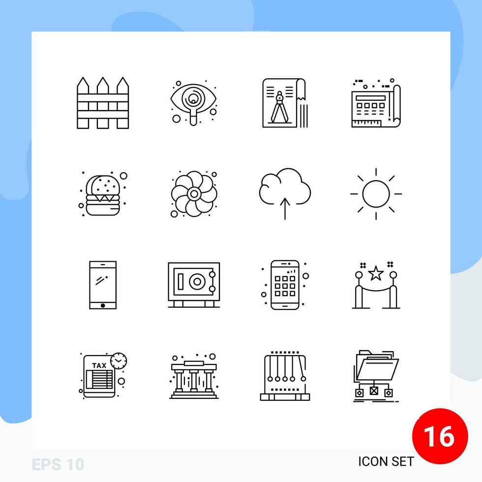 modern reeks van 16 contouren pictogram van afdrukken tekening kompas document het dossier bewerkbare vector ontwerp elementen