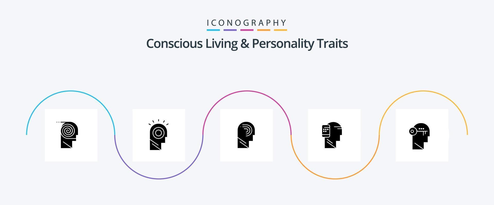 bewust leven en persoonlijkheid eigenschappen glyph 5 icoon pak inclusief mobiel. verbonden. hoed. communicatie. geest vector