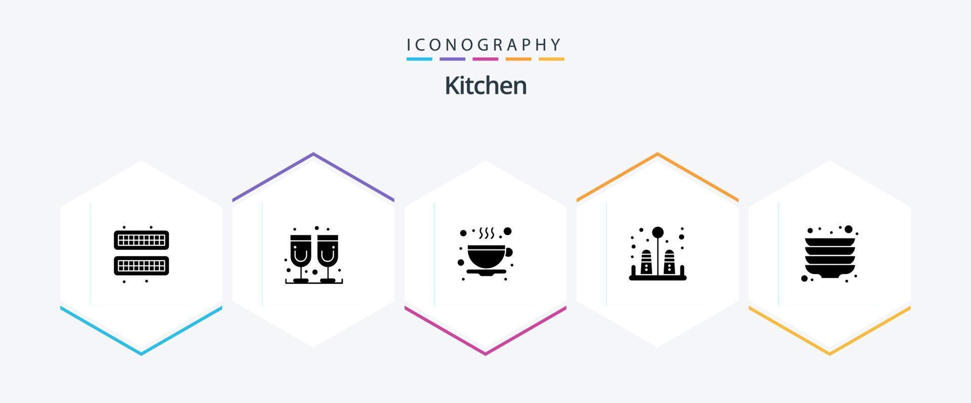 keuken 25 glyph icoon pak inclusief . platen. beker. bord. keuken vector