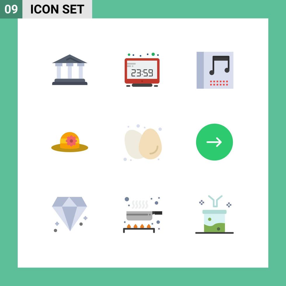 bewerkbare vector lijn pak van 9 gemakkelijk vlak kleuren van ontbijt pet computer tijd hoed muziek- bewerkbare vector ontwerp elementen
