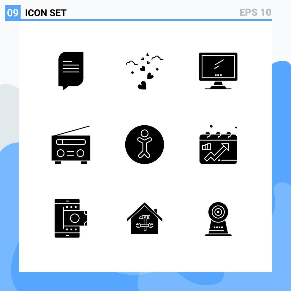 9 thematisch vector solide glyphs en bewerkbare symbolen van menselijk gebruiker toezicht houden op radio apparaat bewerkbare vector ontwerp elementen