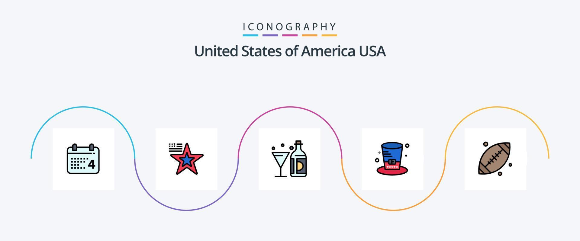 Verenigde Staten van Amerika lijn gevulde vlak 5 icoon pak inclusief bal. voorzitters. drankje. hoed. glas vector