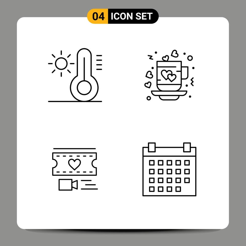 4 universeel gevulde lijn vlak kleuren reeks voor web en mobiel toepassingen klimaat hart koffie thee bruiloft bewerkbare vector ontwerp elementen