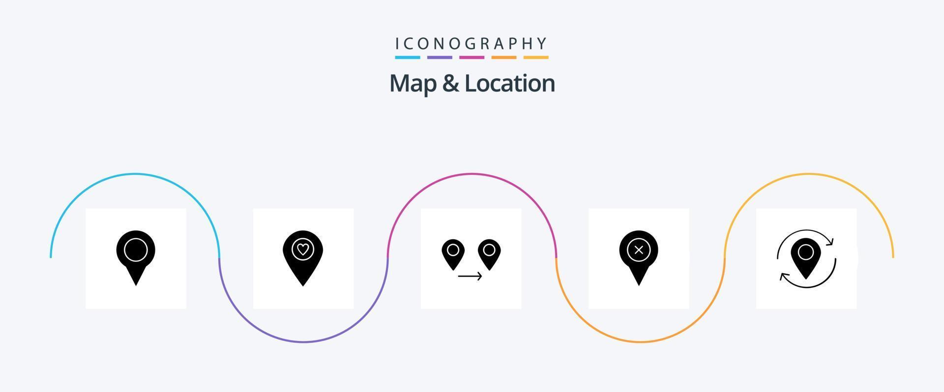 kaart en plaats glyph 5 icoon pak inclusief kaart. pijl. GPS. kaart. pin vector