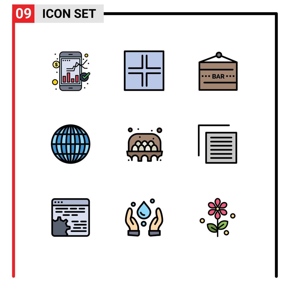 9 thematisch vector gevulde lijn vlak kleuren en bewerkbare symbolen van ei internet bar wereldbol voedsel en drinken bewerkbare vector ontwerp elementen