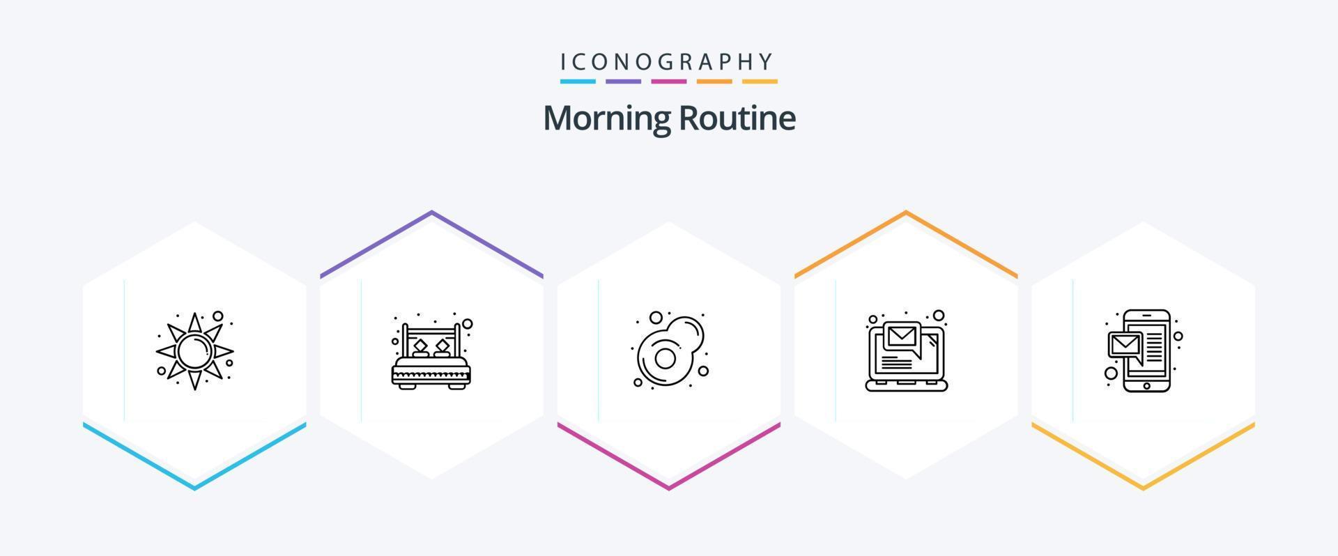 ochtend- routine- 25 lijn icoon pak inclusief mobiel. e-mail. ontbijt. kennisgeving. e-mail vector